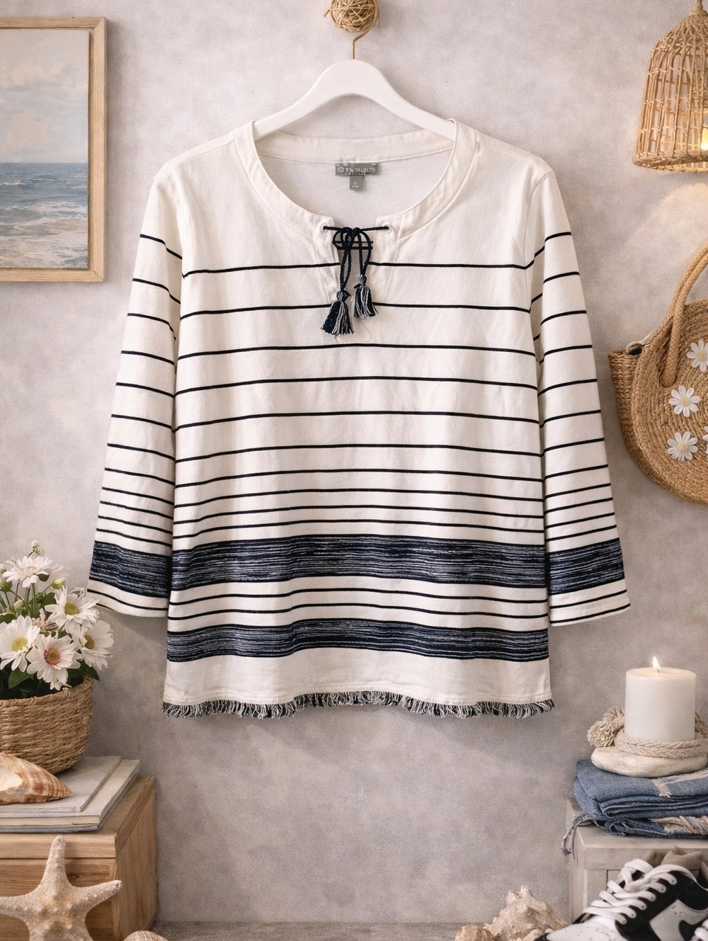 T by Talbots Striped Top Tassel Tie Fringe Hem Large